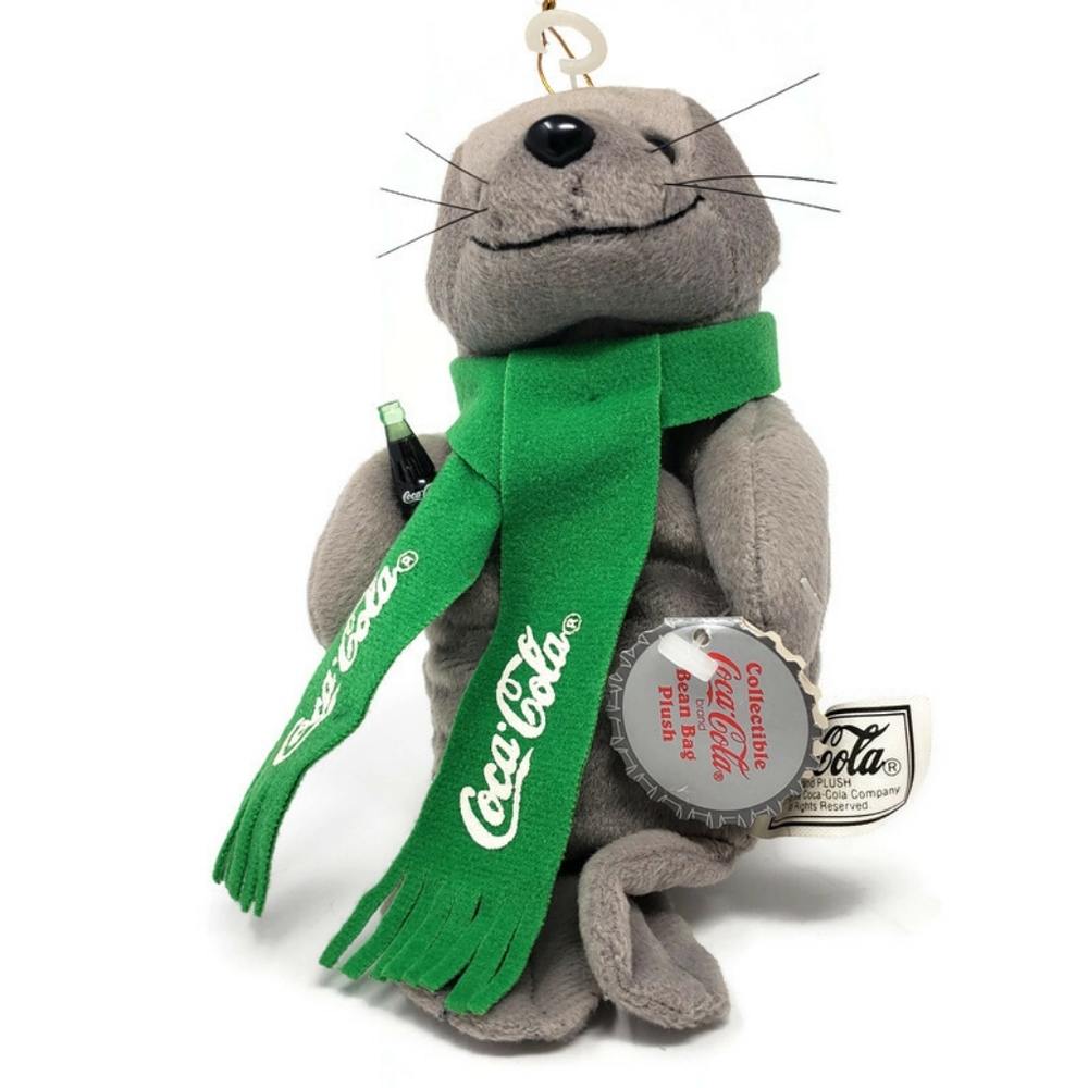 Vintage Collectable Coca-Cola Bean Bag Plush Seal in Green Scarf - Picture 3 of 6